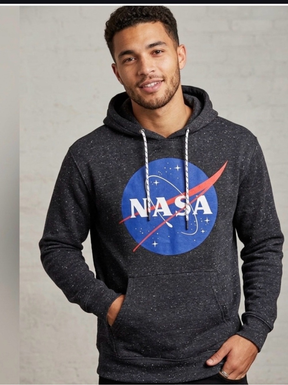 NASA Logo Black Speckled Pullover Hoodie - Men's Graphic Sweatshirt Size M
